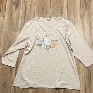 Indigo Soul Beige Long Sleeve Top with Embroidered Beach Scene